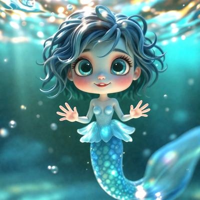 The primary subject of the image is a cartoon-like mermaid character, which is depicted in a digital art style. The setting is underwater, with the mermaid character surrounded by water and possibly some seaweed. The visual style is a combination of digital art and illustration, creating a whimsical and playful atmosphere. The colors used in the image are predominantly blue, which is fitting for the underwater theme, and the overall mood is light-hearted and fun.